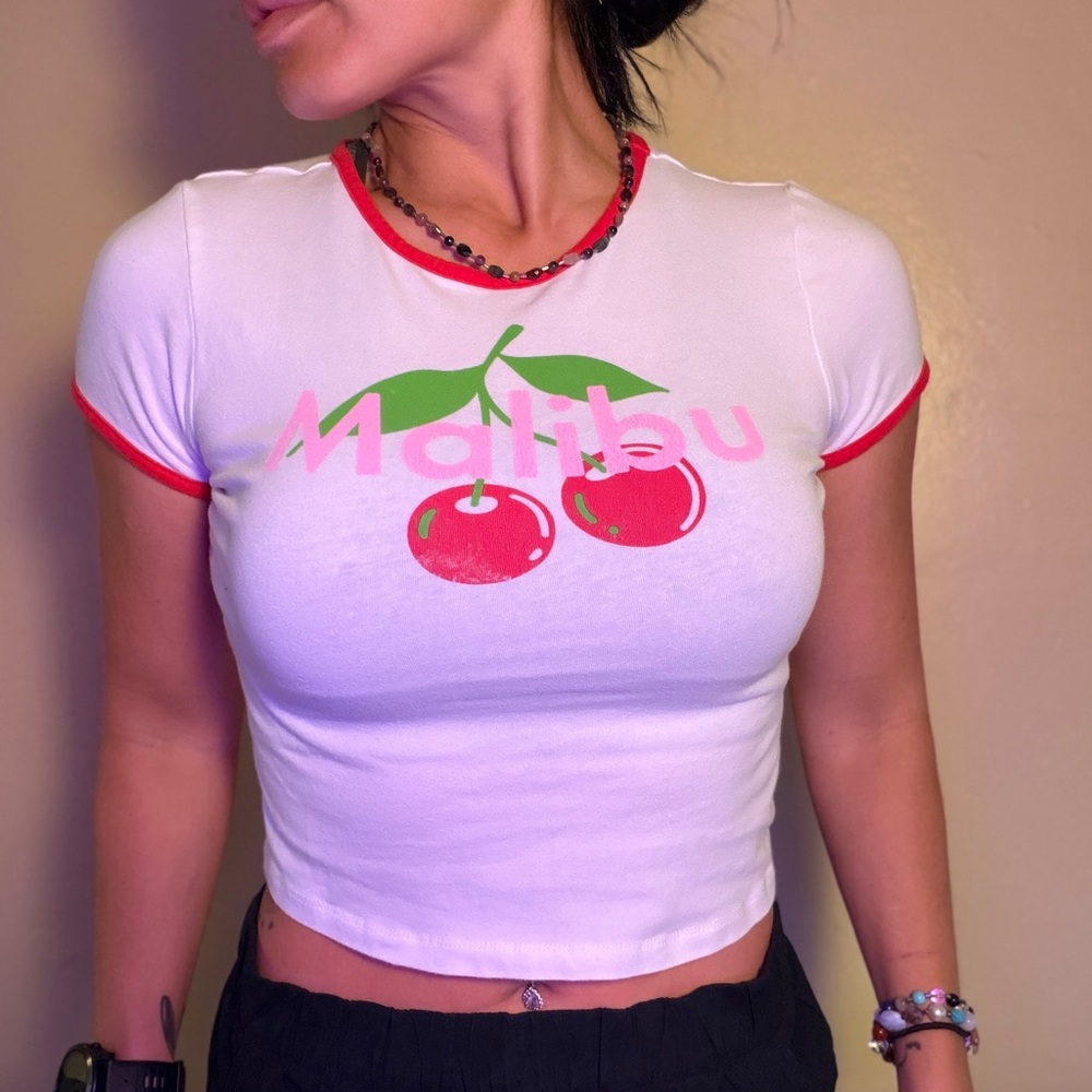 Cherry Malibu Baby Tee White and Red Women's Crop Top - Y2K 90s Fashion